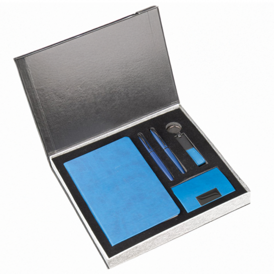 Lacivert promosyon hediyelik set, termo deri defter, roller ve tükenmez kalem, anahtarlık ve kartvizitlik