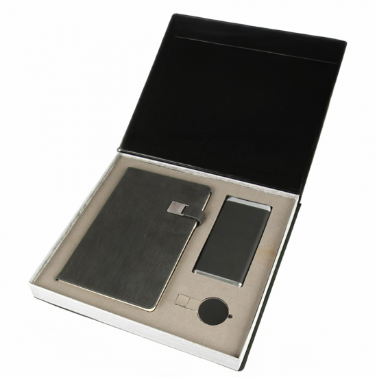 VIP promosyon hediye seti, özel kutulu kurumsal hediye, defter, powerbank ve USB bellek içeren şık hediye seti