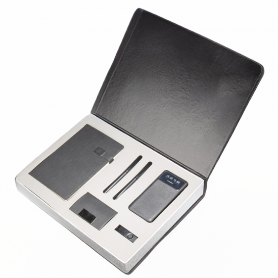 Özel kutulu VIP promosyon hediye seti, defter, powerbank, tükenmez ve roller kalem, USB bellek ve kartvizitlik içeren şık hediye seti