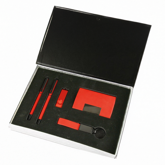 VIP Promosyon Hediyelik Set - Kırmızı Kalem, Kartvizitlik, Anahtarlık ve USB Bellek İSKENDERUN-K HEDİYELİK SET