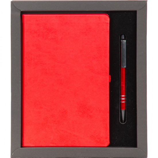 Kırmızı termo deri defter ve metal tükenmez kalem içeren özel kutulu VIP promosyon hediye seti.