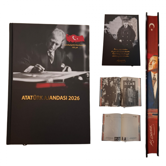 Atatürk ajandası, 2026 ajanda, tarihlİ ajanda, Atatürk temalı ajanda, promosyon ajanda, kurumsal hediye, özel baskılı ajanda, Sann Promosyon Atatürk Ajandası